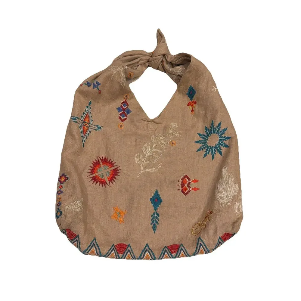 Johnny Was Los Angeles Hobo Bag Purse Linen Aztec Southwest Tie Knot SAGUARO Tan